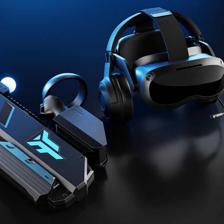 An image showing a Virtual Reality headset and rifle